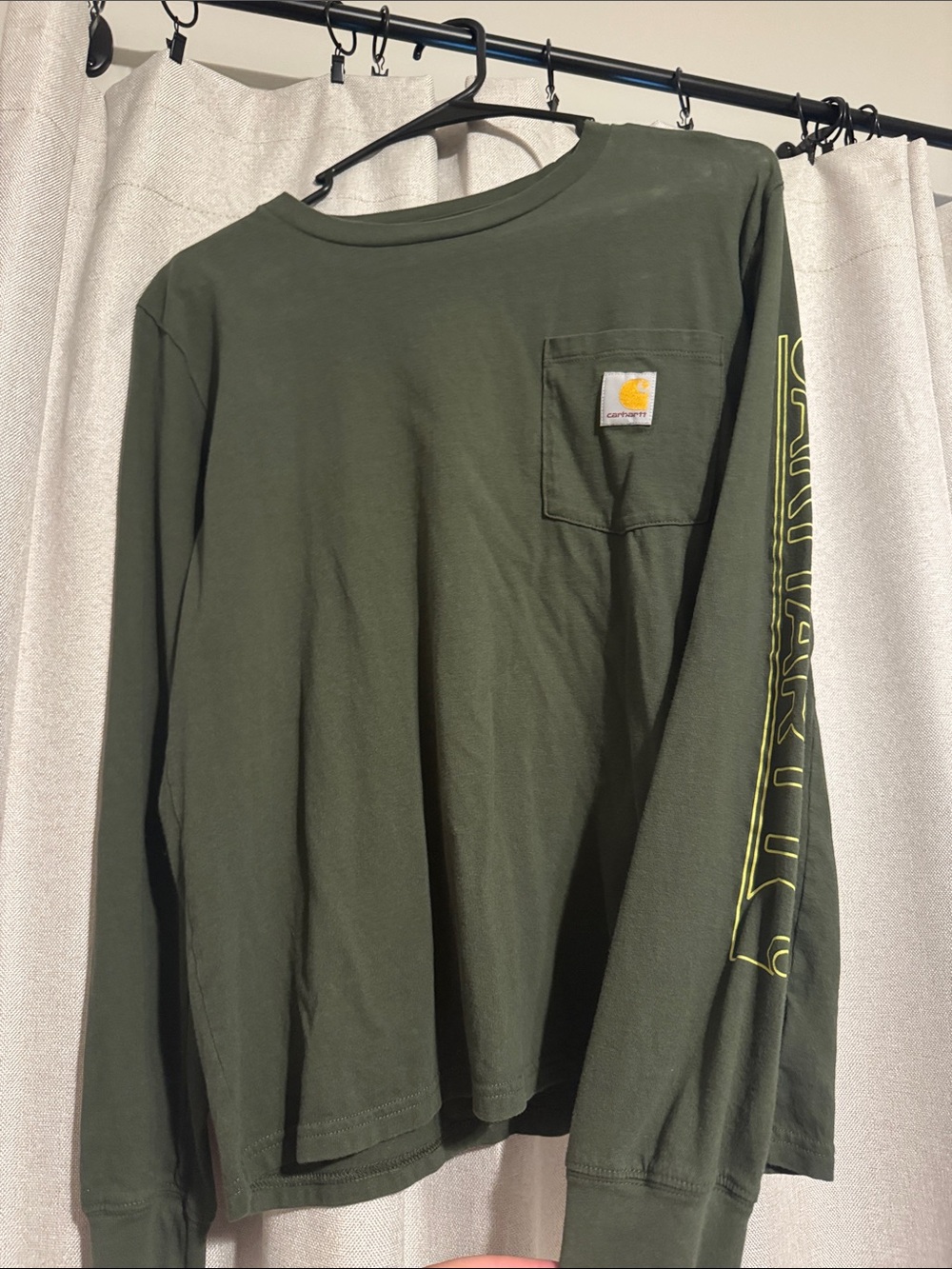 Carhartt Olive Green Long Sleeve Pocket Shirt with Neon Sleeve Print